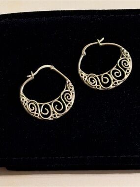Sterling Silver 925 Scroll Hoop Earrings Boho Filigree Tribal Bali Style